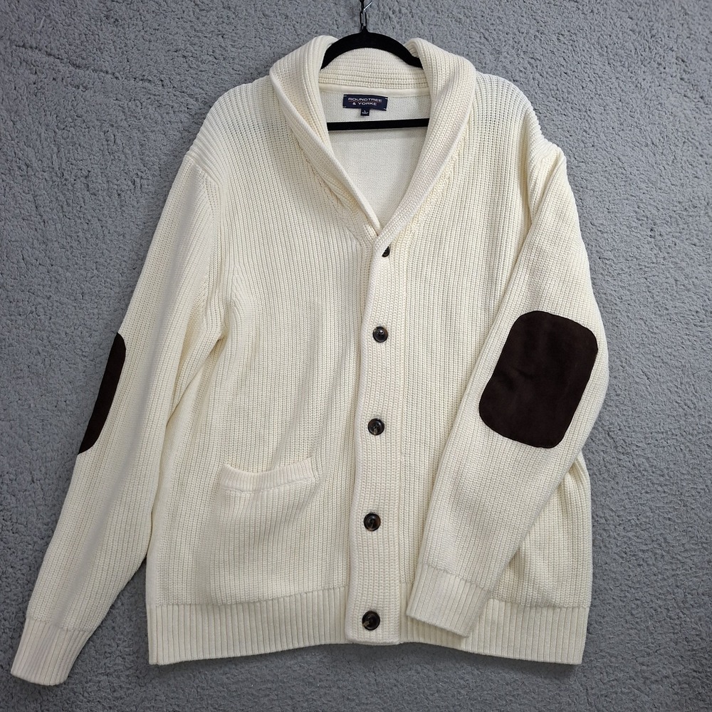 Roundtree&Yorke Mens Large Shawl Collar Knit Cardigan Ivory Elbow Patch Sweater